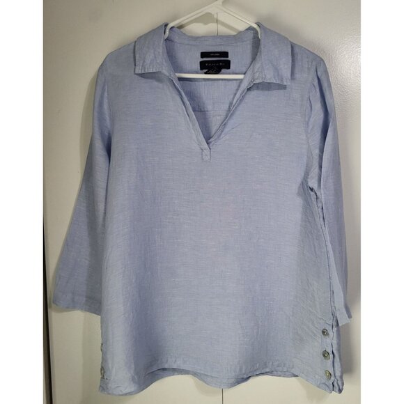 Tahari Tops - TAHARI Women's SZ LG Baby Blue Linen Top Tunic Blouse Beach Collared 3/4 Sleeve